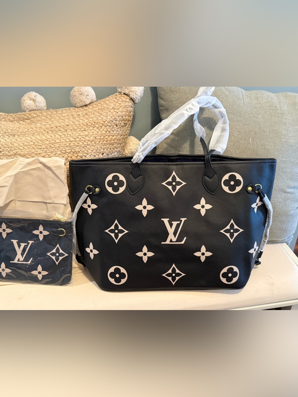 L V Large Black Tote with Cream Monogram Accents - Picture 2 of 5